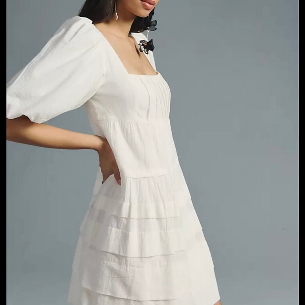 Anthropologie White Tiered Puffed Sleeve Mini Dress Size XS